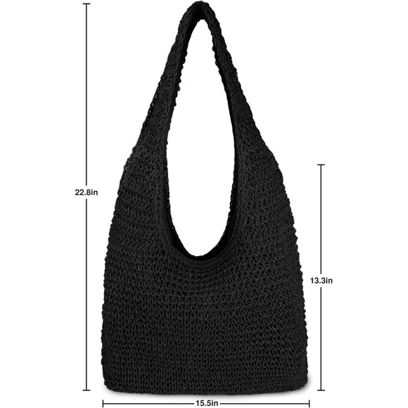 Women's Black Large Straw Beach Bag Handmade Woven Shoulder Hobo Tote Handbag - Picture 5 of 6